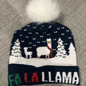 Fa La Llama Pom-Pom Christmas Beanie - Navy and White